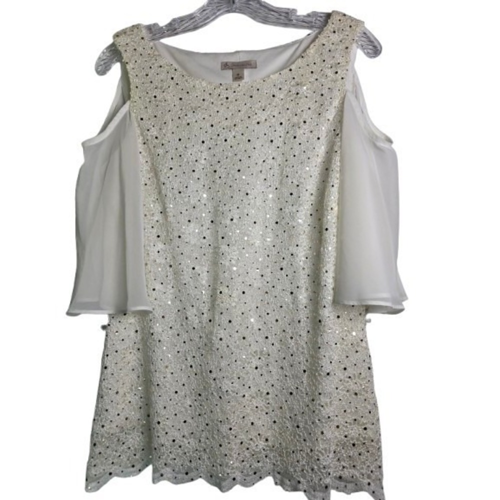 Cold Shoulder White Lace Top With Sequins Chiffon Sleeves Scalloped Hemline Sz M